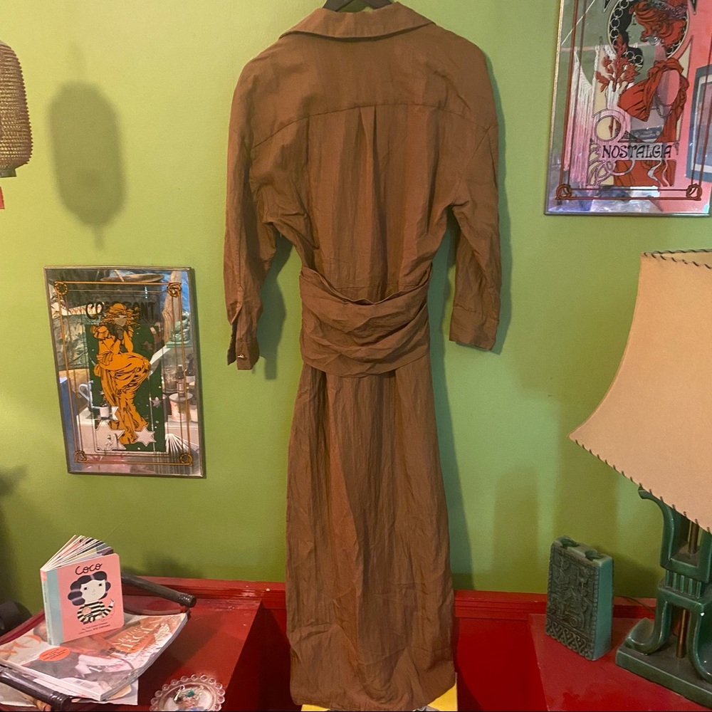 Zara limited edition draped caramel brown slit midi dress with sash belt - Picture 9 of 11